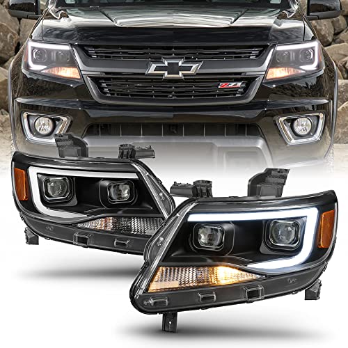 ACANII - For 2015-2022 Chevy Colorado Black LED Tube DRL Dual Projector Headlights Headlamps Driver + Passenger Side