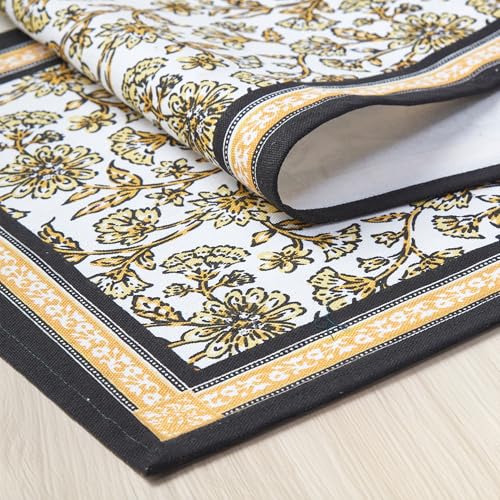 Image of Encasa XO Dining Table Runner for 4 to 6 Seater | Yellow-02 Block Printed Cotton Canvas | 32x183 cm | Jaipur Sanganeri Hand Print