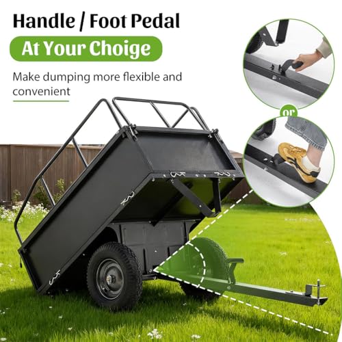 Carretilla remolque volquete de acero resistente de 17 pies cúbicos, 600 lb de capacidad, ruedas neumáticas de 15 pulgadas, marco reforzado para ATV, UTV, tractor de césped y jardinería miniatura 4