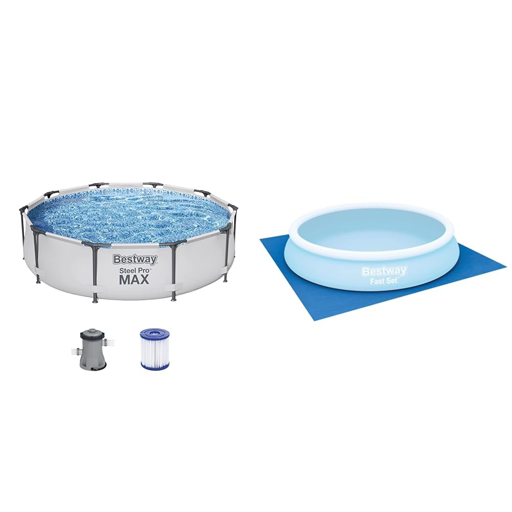 Bestway Steel Pro MAX Frame Pool-Set mit Filterpumpe Ø 305 x 76 cm, lichtgrau, rund & Flowclear™ quadratische Bodenplane, 396 x 396 cm, für Aufstellpools bis Ø 366 cm, blau
