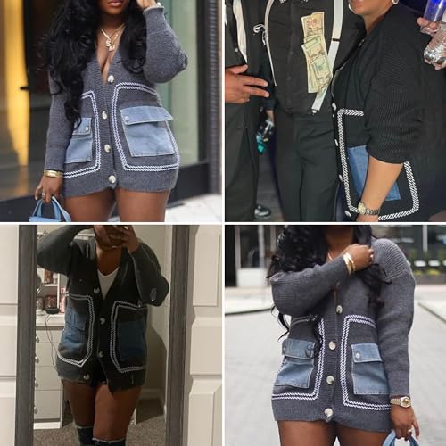 Image of FindThy Women's Casual Button Up Cardigan Oversized Long Sleeve Jean Patchwork Sweater Cardigans