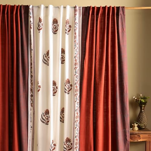 Image of Peepul Tree Mix and Match Solid and Sheer Door Curtains in Offwhite Brick Red and Navy Blue | 7 Feet | Set of 3 | 2 Solid & 1 Sheer Curtain| Layered Curtains | Pure Cotton | Back Loop Curtains