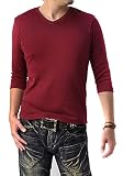 [FLAG ON CREW] (フラグオンクルー) Vネック 7分袖 Tシャツ メンズ カットソー ストレッチフライス / E1C / XXL winered・ワインレッド