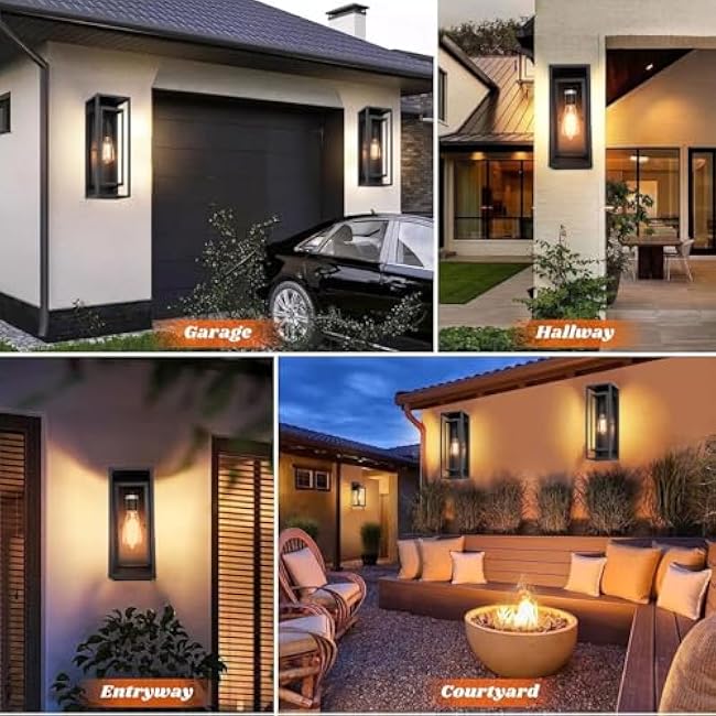 18inch Outdoor Wall Light Fixtures,Exterior Waterproof Lanterns,Porch Sconces Wall Mounted Lighting with E26 Sockets & Glass Shades,Modern Matte Black Wall Lamps for Patio Front Door Entryway (1 Pack)