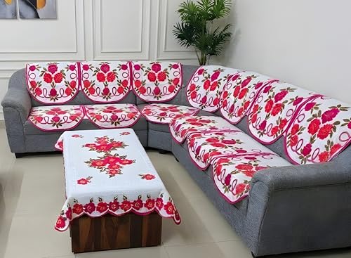 Image of Fab Nation Sofa Cover L Shape 6 Seater with Corner L Type Fully Covered Sofa Set for Living Room | Cotton Sofa Slipcovers for 3 + 3 Seaters Cover with 1 Table Cover | Pink