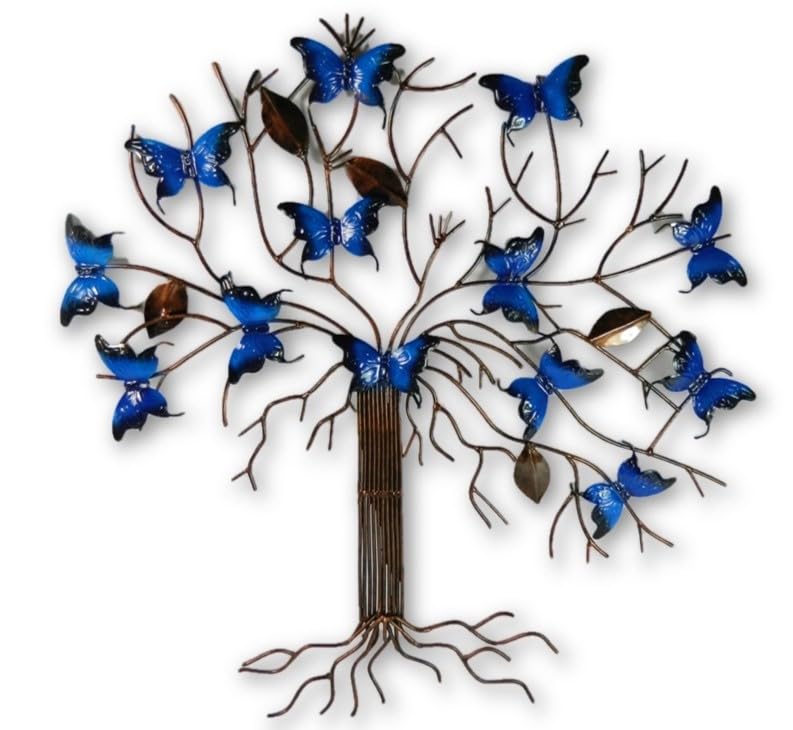 Thai Gifts Handmade Blue Metal Butterfly Tree Wall Art, H45cm x W46cm - Hand-Painted Blue Butterfly Sculpture - Unique Home & Garden Decorations - Ideal for Fences, Patios & Feature Walls