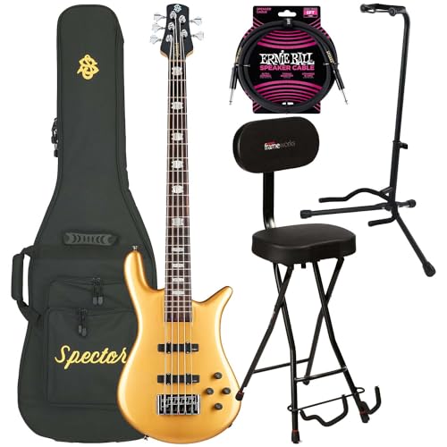 Spector Euro 5 Classic Bass Guitar, Metallic Gold Gloss, Gator GFW-GTR-SEAT and Stand, ErnieBall 1/4 Cable Bundle