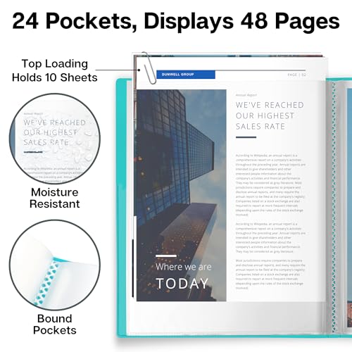 Dunwell Presentation Binder 24-Pocket, Displays 48 Pages, 8.5x11 Portfolio Binder with Plastic Sleeves, Storage and Organizer for Documents, Certificates, Projects, Photos (Aqua)