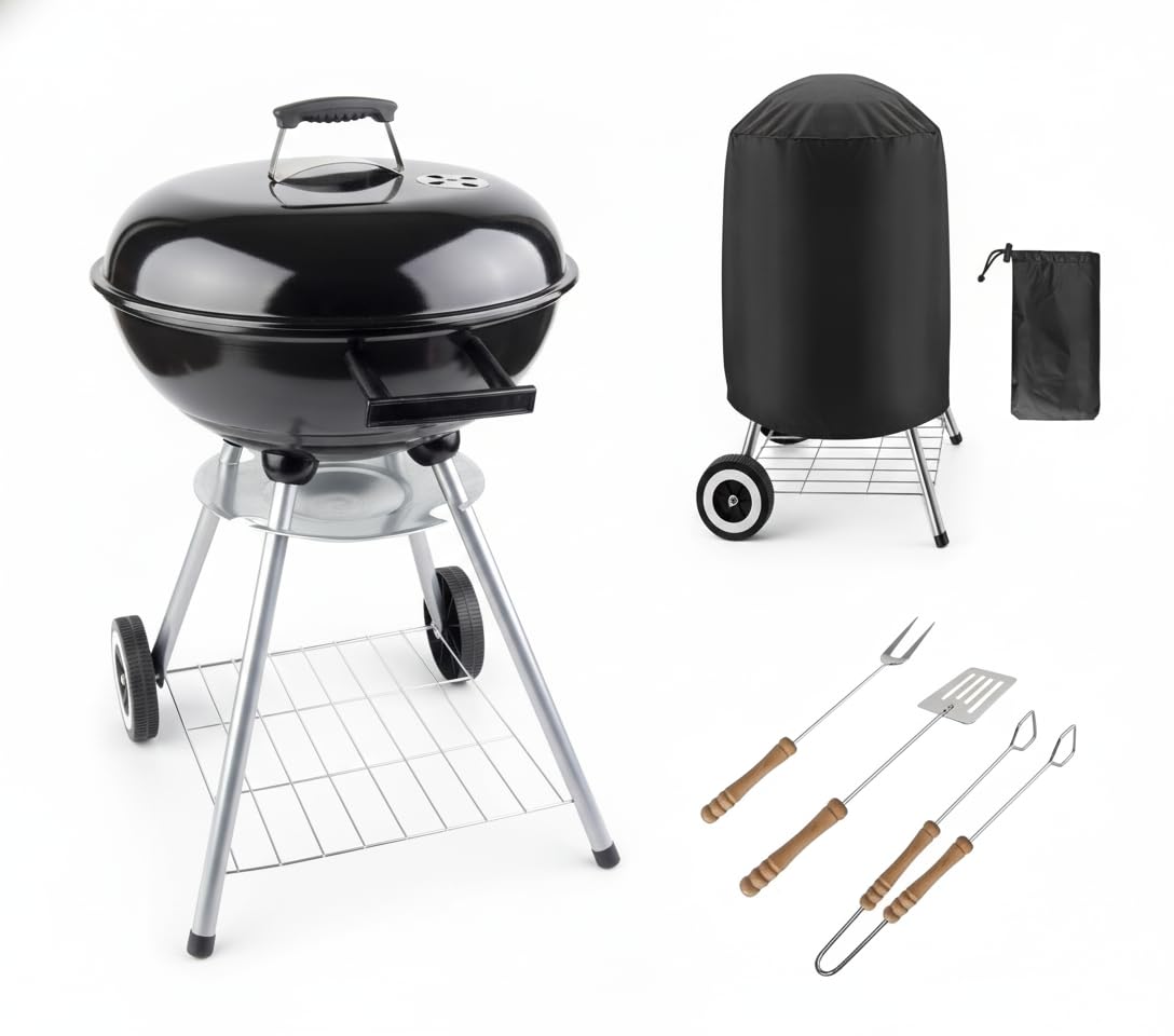 BBQ Grill Patio Portable Charcoal Kettle Barbecue Grill on Wheels with Cover and Cooking Utensils Tools Stainless Steel Black Grill For Outdoor Cooking Garden Picnic Camping Caravan BBQ