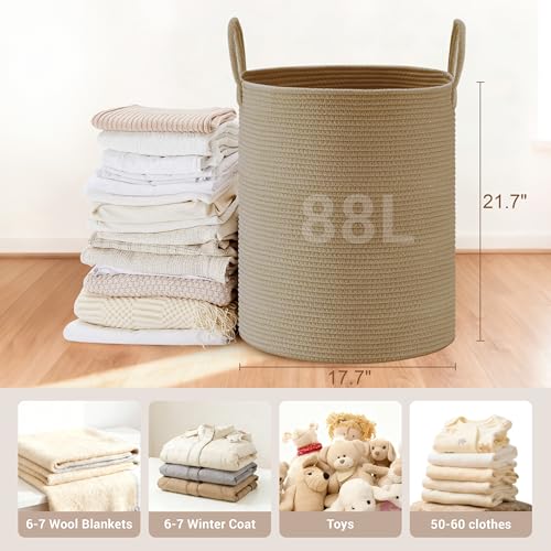 Image of 88L Large Tall Cotton Rope Laundry Basket with Handles, Jute