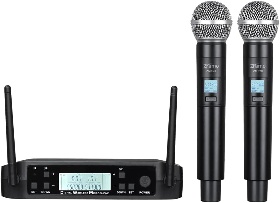 ZRAMO 200-Channel Wireless Microphone System, Dual UHF Metal Cordless Mic Set, Long Distance,Auto Scan Frequency, Use for Karaoke Singing, Family Party,Church(ZM820)