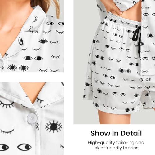Image of Funny Pajamas for Women Set Print Satin Loungewear Pjs Short Sleeve Button Down Top and Shorts Sets Sleepwear XS-3XL