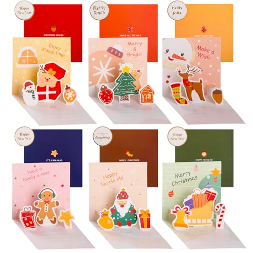 Hianjoo クリスマス カード ポップアップカード グリーティングカード 封筒付き クリスマス柄 メッセージカード 可愛い お祝い 挨拶 ギフトカード クリスマスカード 3D立体 飛び出す (6枚セット 11cm*11cm 二つ折り)