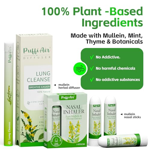 Image of Mullein Respiratory Wellness Bundle: Herbal Lung Cleanse Diffuser (600 Uses) + 3-Pcs Nasal Sticks - Craving Relief, Focus Boost & Easy Breathing
