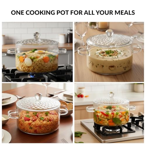 Image of Nestasia Borosilicate Glass Cooking Pot on Gas Stove (1800 ml) - Fluted Casserole with Embossed Glass Lid | Microwave & Dishwasher Safe Durable Handi for Kitchen
