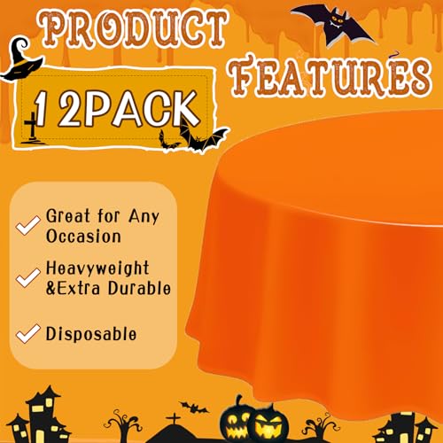 Image of CIEOVO 12 Pack Halloween Plastic Tablecloth Black Orange Purple Color Disposable Waterproof Round Tablecloth for Halloween Witch Vampire Party Decorations