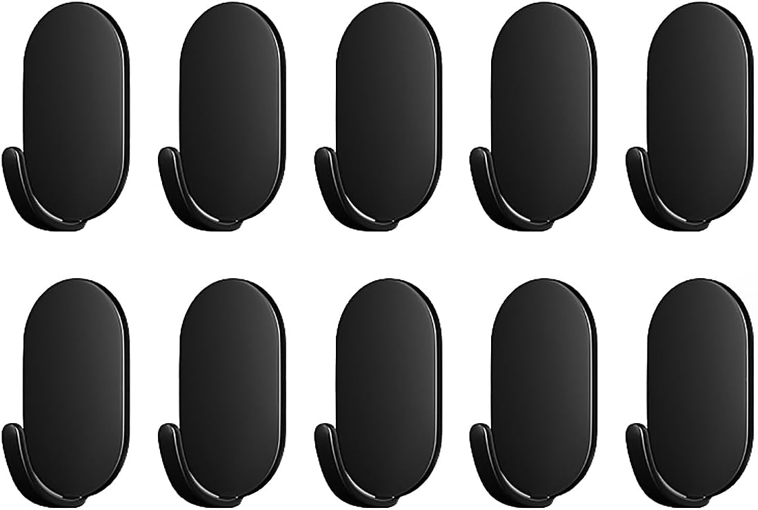 Self-Adhesive Hooks Pack of 10 Bathroom and Kitchen Towel Holder Stainless Steel Adhesive Hooks No Drilling Clothes Hooks Rustproof Toilet Office (Black)
