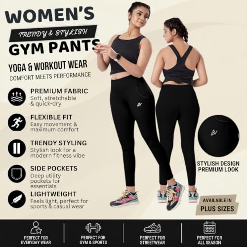 Image of Nexsus Appparels Stretchable Gym Pants for Workout : The Ultimate Yoga Pants | Gym Wear for Woman | Gym Tights for Women with Side Pockets | Available in Plus Size's