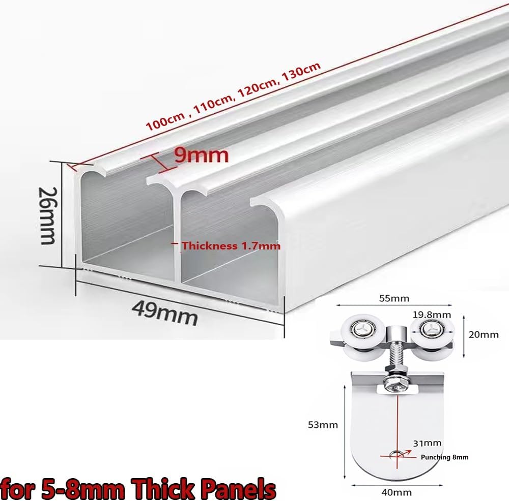 Sliding Glass Door Track Double Channel, Display Cabinet Kit Top-Mounted Hidden Screen Hardware for Closet Shower(Silver,110cm(43"))
