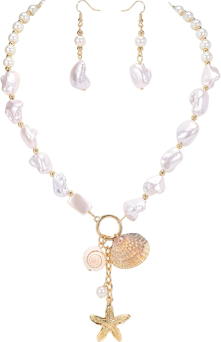 Gargantilla de concha natural, collares y pendientes, conjunto de joyería para mujer, concha de estrella de mar, collar de perlas de agua dulce, collares para mujer, conjunto de joyería de nácar irregular