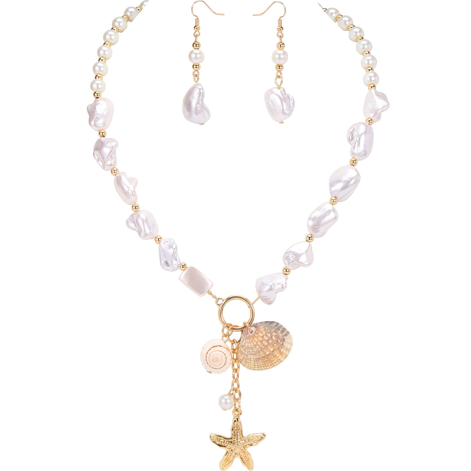 Coiris Natural Seashell Choker Necklaces Earrings Jewelry Set for Women Starfish Shell Freshwater Pearl Collar Necklaces for Women Irregular Mother of Pearl Jewelry Set