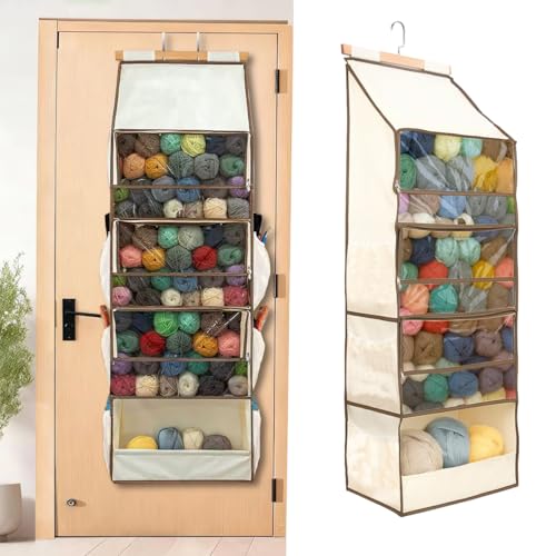 Hanging Yarn Storage Organizer Yarn Heaven Storage Bag with 4 Clear Zipper Closure Compartments & 3 Side Crochet Pockets Large Capacity Over The Door Crochet Organizer for Knitting Needles (Beige)