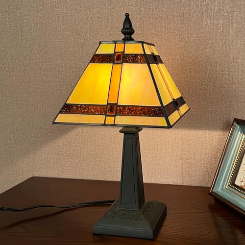 COTOSS Tiffany Table Lamps,Small Handcrafted Stained Glass Accent Table Light,Amber Mission Style Antique Desk Lamp for Bedroom Living Room Home Office