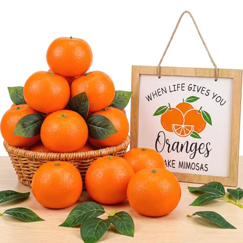Norme 25 Pcs Artificial Faux Oranges Decoration for Home Centerpiece Lifelike Fruit Fake Orange Fake Lemon Leaves and Wooden Desktop Sign Decor for Home Kitchen Party Decor Photography Props