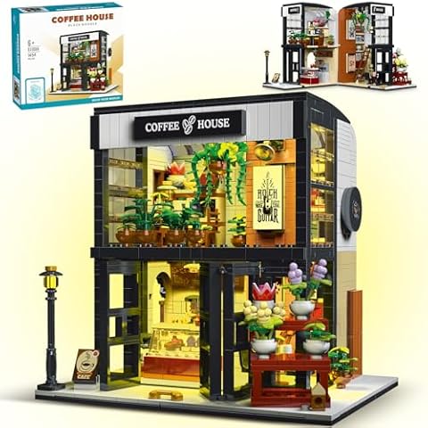 Fistone Coffee House Building Set with LED Lights, 1454 PCS STEM City Street Building Blocks, Architecture Construction Model Gift for Adults Teens Kids Boys Girls Ages 6-12+ Cover