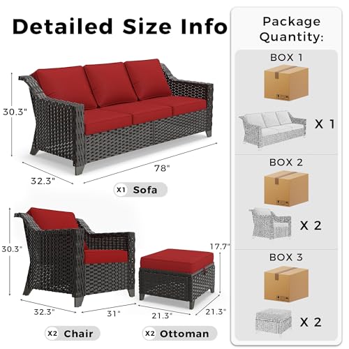 Image of 5 Piece Patio Furniture Set, Wicker Outdoor Conversation Set | Patio Chair Set with Olefin Removable Cushion, All-Weather Outdoor Couch with Deep Seat for Porch, Deck and Backyard, Red