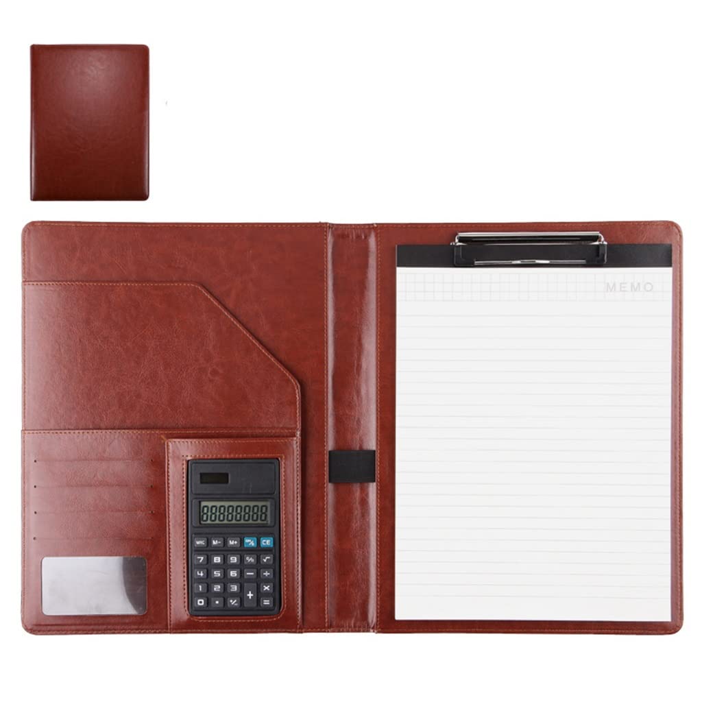 Konferenzmappe PU Leder, Ordner-Aufbewahrung, Klemmbrett for die Schule, Seitengurte, Dokumenten-Organizer, Papiere, Reisedokumente(Brown,8 digit calculator)