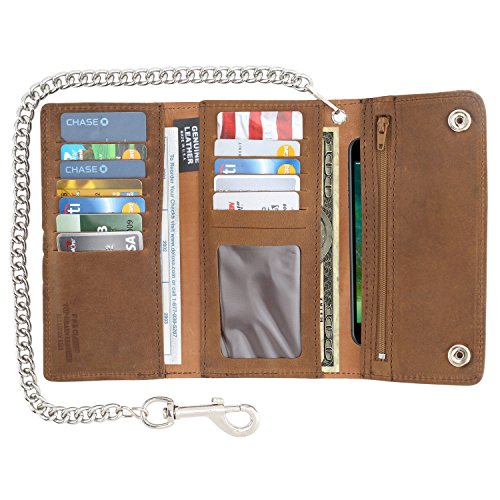 RFID Blocking Men's Tri-fold Vintage Long Style cow Leather With Chain card holder Wallet,MADE IN USA2