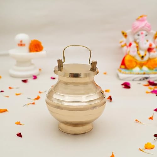 IDAHA Brass Pavitra Kamandal | Gangajali | Kalash | Lota | with Lid for Gangajal | Holy Water Pot for Temple & Home and All Pooja (Capacity : 400ml | Size : 11cm | Weight : 229gm Approxe)
