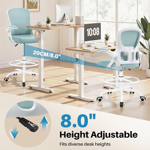 Image of Drafting Chair Tall Office Chair for Standing Desk - Ergonomic Computer Work Stool with Lumbar Support, Flip-up Arms & Foot Ring. for Studio Artist Engineer Gaming Bar Study (Light Blue)