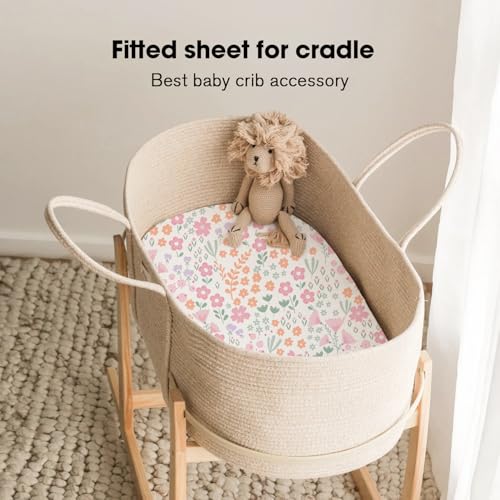 Image of Little Grape Land Bassinet Sheets 4 Pack, 33 inch x 18 inch Fitted Bassinet Sheets Up to 4 inch Deep Pocket, Ultra Soft Baby Bassinet Fitted Sheets for Bassinet Mattress, Butterfly Bloom
