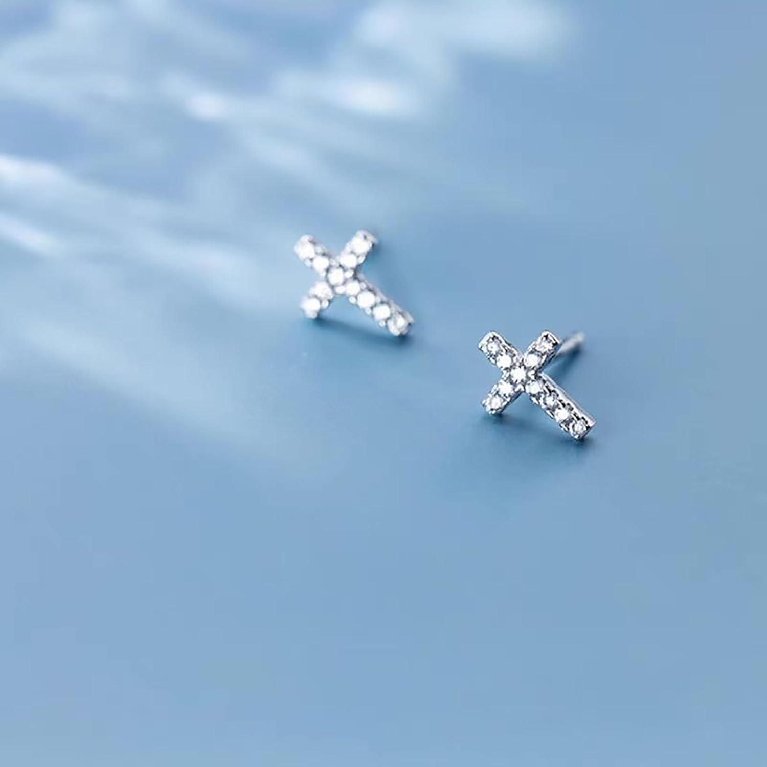 14K White Gold Plated Small Cross Silver Stud Earrings, Hypoallergenic Pave CZ Tiny Cross Stud Earrings for women - Image 5