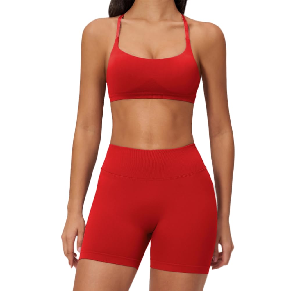 Ensemble sport femme sculptant fesses et short taille haute rouge M