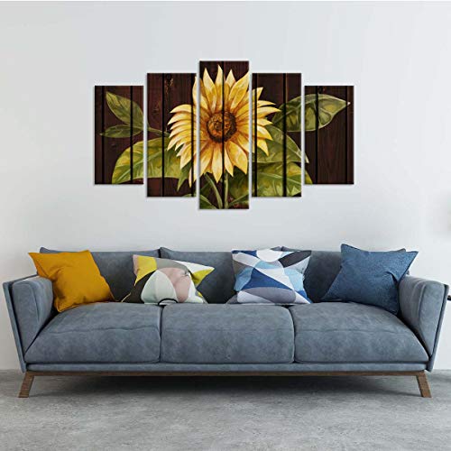 Zlove 5 Panel Flower Canvas Wall Art Yellow Sunflower Still Life Picture On Vintage Brown Background Print On Canvas Stretched And Framed For Living Room Bedroom Decoration Ready To Hang #TOP3