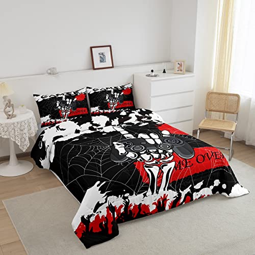 Skull Gamer Bedding Set Teens Playing Video Game Comforter Set Kids Boys Girls Black Gaming Joystick Reversible Comforter Cobweb Skeleton Gamepad Decor Quilt Set With 2 Pillowcases 3Pcs Full Size #TOP1