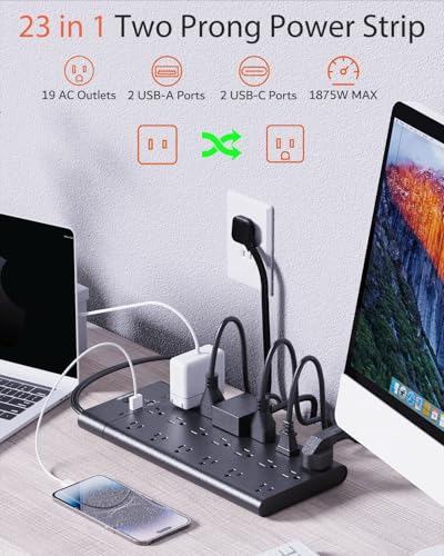 2 Prong Power Strip, WRXDMC 2 Prong to 3 Prong Outlet Adapter, 3600 Joules Surge Protector, 6 Feet Flat Plug Heavy Duty Extension Cord with 19 Widely Outlets, 4 USB Ports, 1875W, Black
