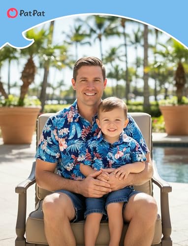 Image of PATPAT Family Hawaiian Matching Outfits - Mommy and Me Vacation Outfits | Halter Sundresses and Button Down Shirts,Caribbean Vacation Summer Tropical Outfits,Hawaiian Boho Tropical Floral Printed
