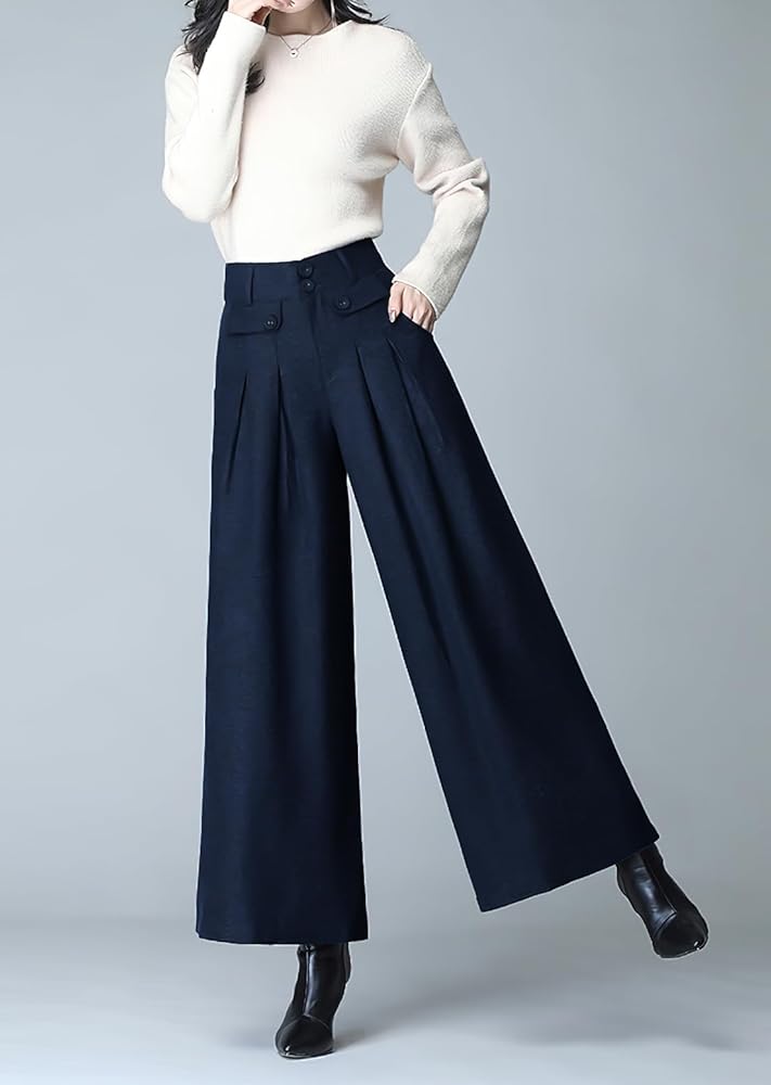 chouyatou Women's Casual Wide Leg Wool Blend Pants Baggy Culotte