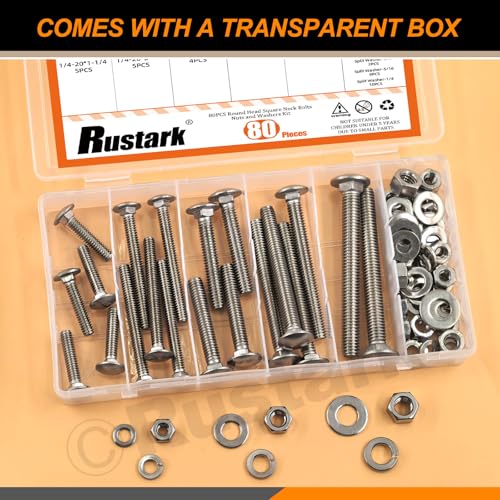 Image of 80Pcs 5 Sizes 304 Stainless Steel Carriage Bolts with Nuts and Washers Kit Silver Square Neck Carriage Bolts Screws Round Head Carriage Bolt for Machinery Industry
