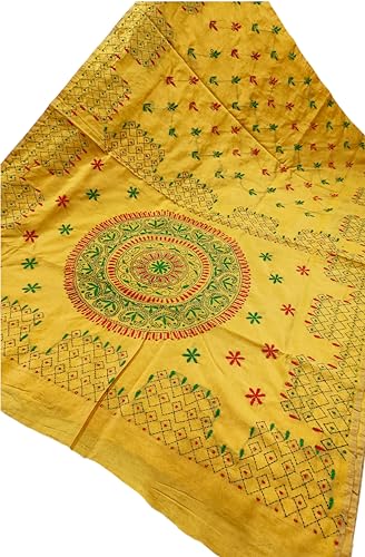 Image of SHRISTI CLOTHINGS Women's Hand Embroidered Cotton Silk Kantha Stitch Saree with Blouse Piece (SB4200924 AMBER)
