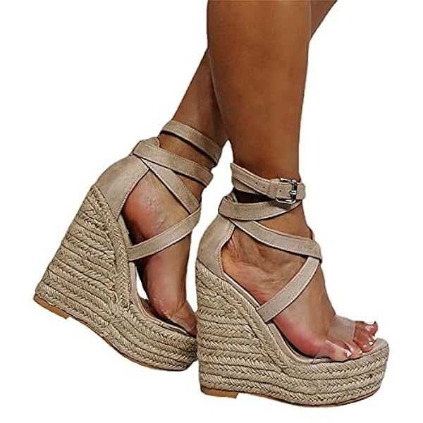 Höga klackar sexiga 15 cm halmvävda rep Kilklackplattformssandaler, Beige-37 Happy house