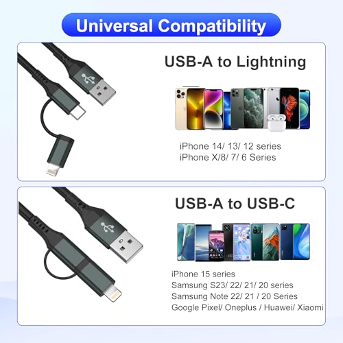 Image of USB to USB C and Lightning Cable for Apple Carplay & Android Auto - USB C and Lightning Cable 2 in 1 Carplay Cable [MFi,3A,Data Sync] USB A to C & Lightning for iPhone17 16 15 14 13 12 11 Android,Grey