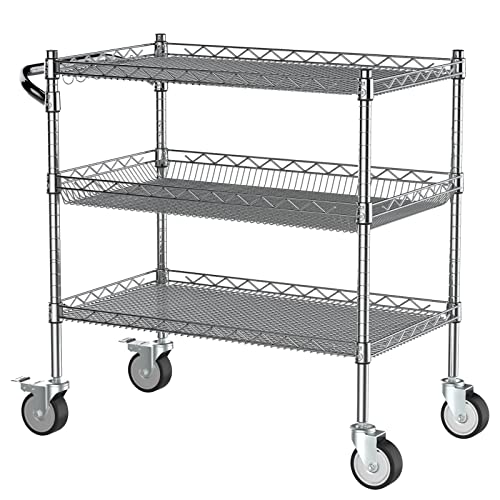 Leteuke Heavy Duty 3 Tier Rolling Utility Cart,Nsf Certified 990Lbs Capacity Rolling Carts With Wheels,Commercial Grade Metal Cart With Handle Bar & Shelf Liner,Trolley Serving Cart For Kitchen,Chrome #TOP7