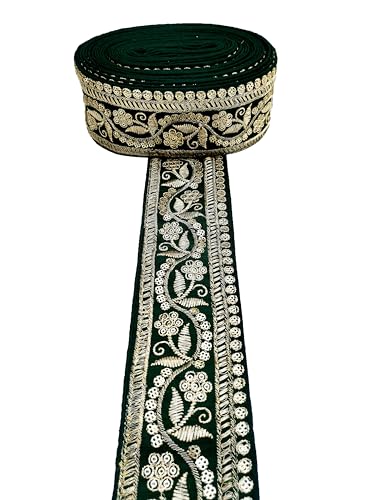 Image of Embroidery Gold Work with Sequence Design Lace Border Falls for Saree, Kurti, Dresses, Bandhani, Lehenga, Decorative Ribbon (6.5 cm Width) (6 Meter, Green)