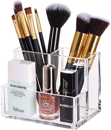 Makeup Brushes Organizer-Acrylic Cosmetic Clear Pen Holder for Office Desktop Bathroom Dresser Storage Box, 3 Slot