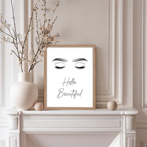 Image of Poster Master Fashion Poster - Hello Beautiful Print - Trendy Art - Modern Art - Minimal Art - Gift for Men, Women & Fashionista - Glam Decor for Dorm, Living Room or Bedroom, 8x10 Beige Framed